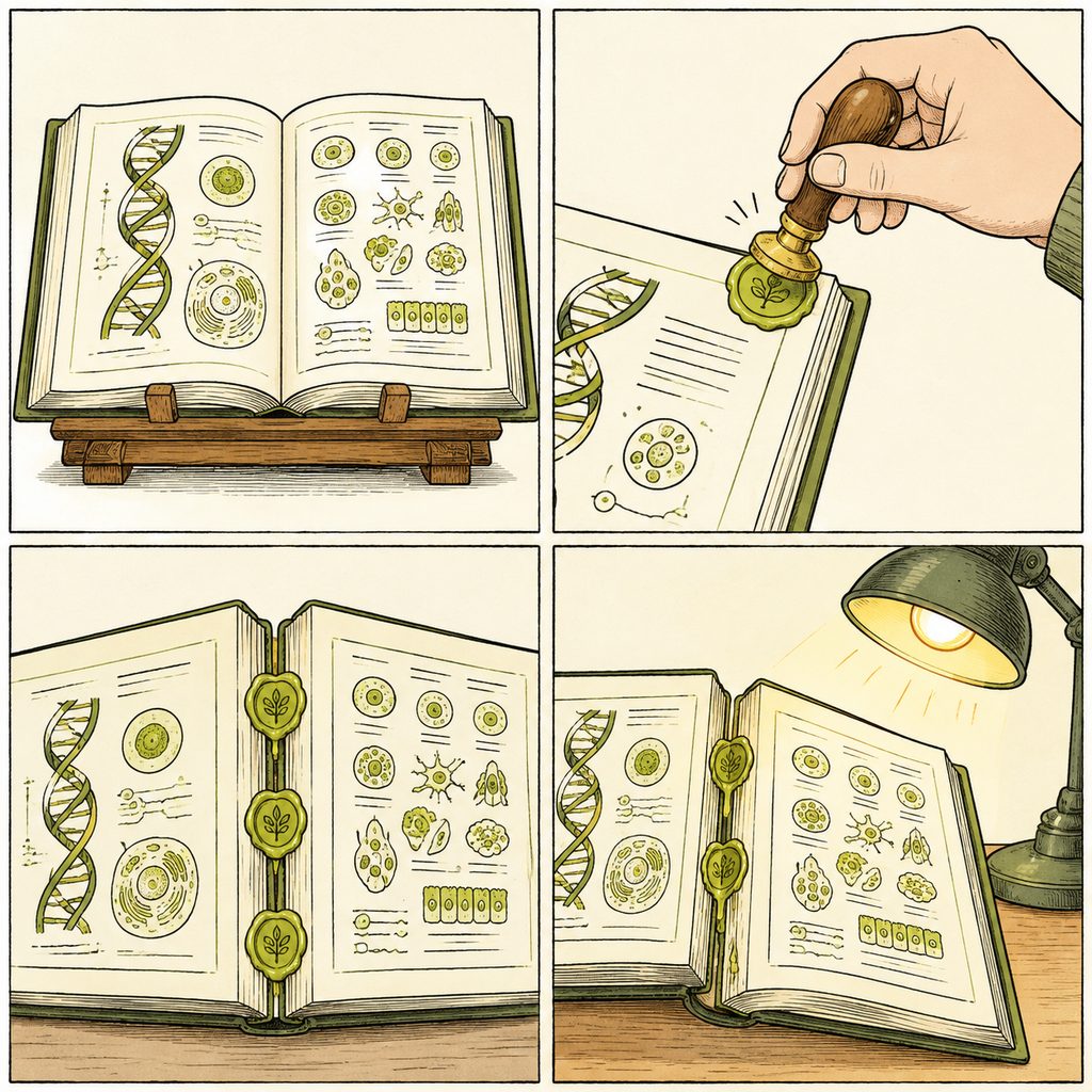 El libro (genoma), el sello de cera (metilo), la página sellada (gen silenciado), el calor que derrite el sello (reversibilidad)